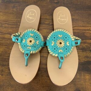 Jack Rogers 7 Georgica Flat Sandal Caribbean Blue Gold Leather Turquoise Stud